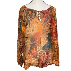 Chico's Sheer Layering Gorgeous Sunset Rainbow Silk‎ Keyhole Tie Front Blouse